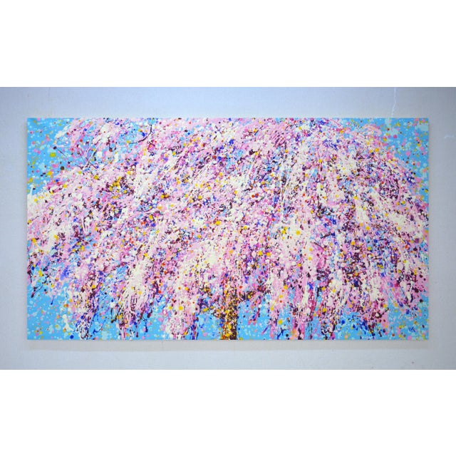 Blooming sakura 9 . Japanese tree. Acrylic paints in soft pink, baby blue, baby purple, lilac, white creamy pink...