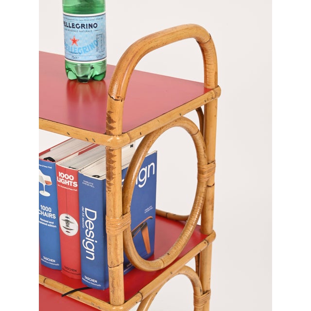 Italian Bookcase in Rattan and Red Laminate from Vivai del Sud, 1970s For Sale - Image 11 of 15