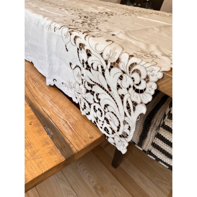 Mediterranean Madeira Style Linen Tablecloth Gray Embroidered Cutwork on Cream For Sale - Image 3 of 11