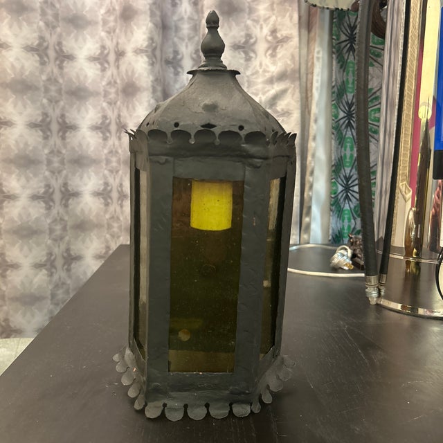 Antique Black Metal Wall Lantern Light With Blown Glass Panels For Sale - Image 10 of 11
