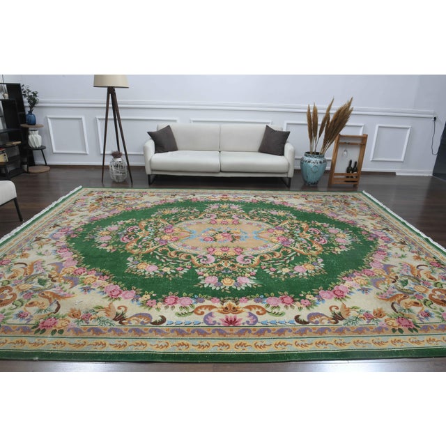 1970s Vintage Persian Handmade Wool Cotton Green Area Rug For Sale - Image 10 of 11