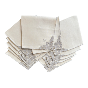 Vintage Linen Napkins, Lace Embroidered Corner and Fully Trimmed Border, 17" X 17", 12 Pcs Pristine
