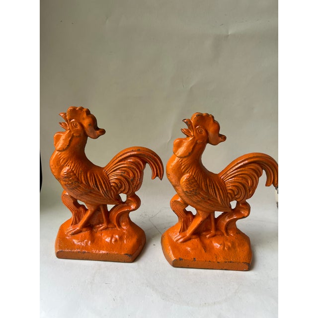 Metal Antique Metal Cast Iron Roosters Chickens Bookends- a Pair For Sale - Image 7 of 13