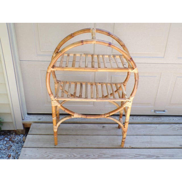 Wood Vintage Mid Century Bamboo Shelf Unit Freestanding Circular Bookcase Etagere For Sale - Image 7 of 16