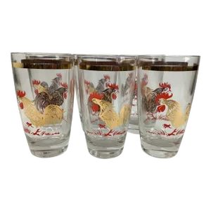 Vintage Cocktail Tumblers With Roosters - Set of 6