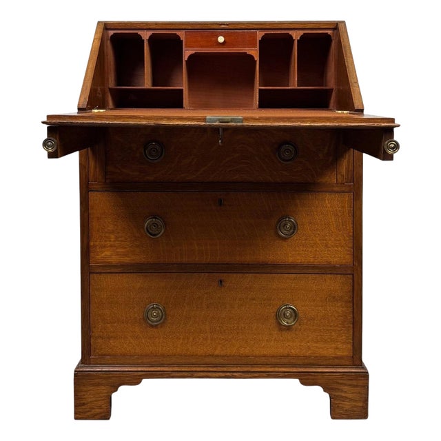 Antique Early 20th Century English Edwardian Golden Oak Bureau For Sale