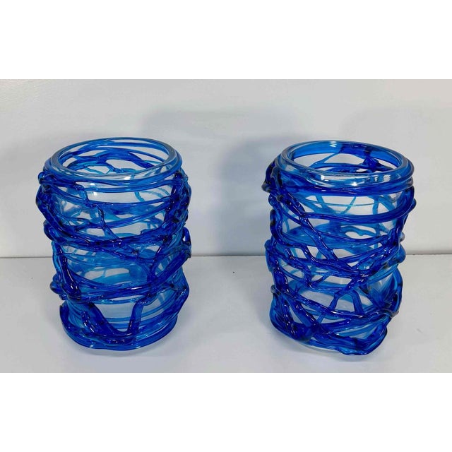 Italian Art Deco Style Cobalt Blue Murano Glass Vases by Cenedese, 2000s, Set of 2 For Sale - Image 3 of 9