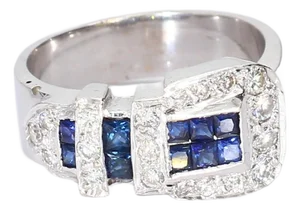 Late 20th Century18k White Gold Buckle-Style Ring With Diamond & Sapphire Accents, Size 7.25
