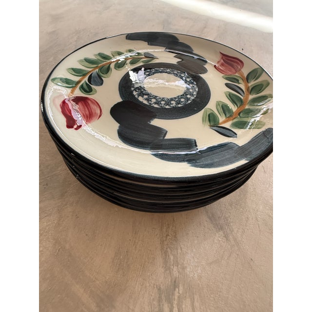 1990s Set of 6 Hand Painted Studio Pottery Plates Signed P Silkotch 1993 Mississippi Folk Art 6.5 Inch Dessert Plates For Sale - Image 5 of 8
