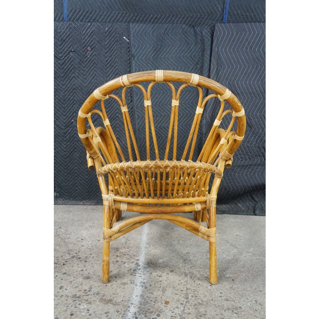 Pair Mid Century Modern Rattan Bamboo Armchairs Boho Sunburst Fan Back Chairs For Sale - Image 10 of 18