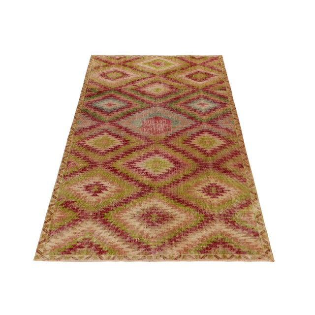 Traditional Vintage Distressed Deco Rug in Red, Green, Pink Geometric Pattern For Sale - Image 3 of 7