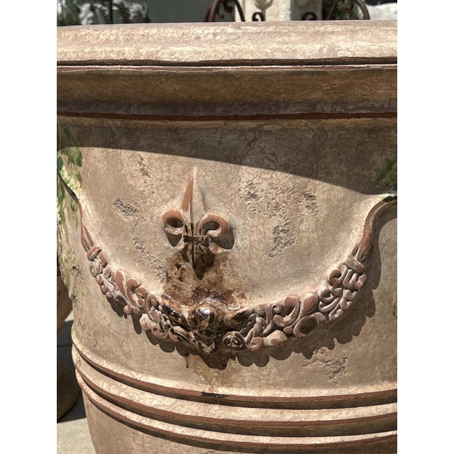 Pair of 31 Inch French Anduze Planters With Antique Patine, Fleur De Lys For Sale - Image 9 of 12