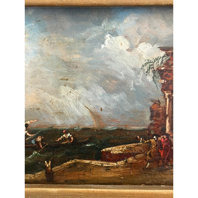 Blue Antique Italian Capriccio Framed Oil Painting of Landscape With Ruins Attributed to Francesco Guardi For Sale - Image 8 of 11