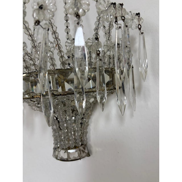 Glass 1920s Rare Italian Crystal Beaded Basket With Prisms Mirrors Sconces For Sale - Image 7 of 13