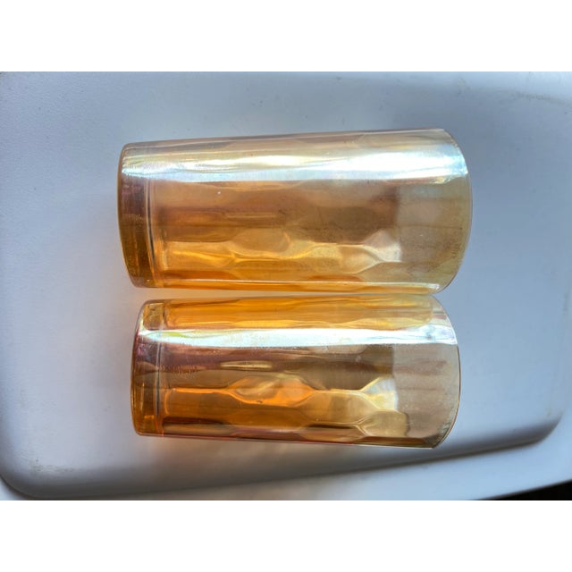 Art Deco Carnival Glass Tumblers, Marigold Hex Optic Iridescent -Set of 2 For Sale - Image 3 of 8
