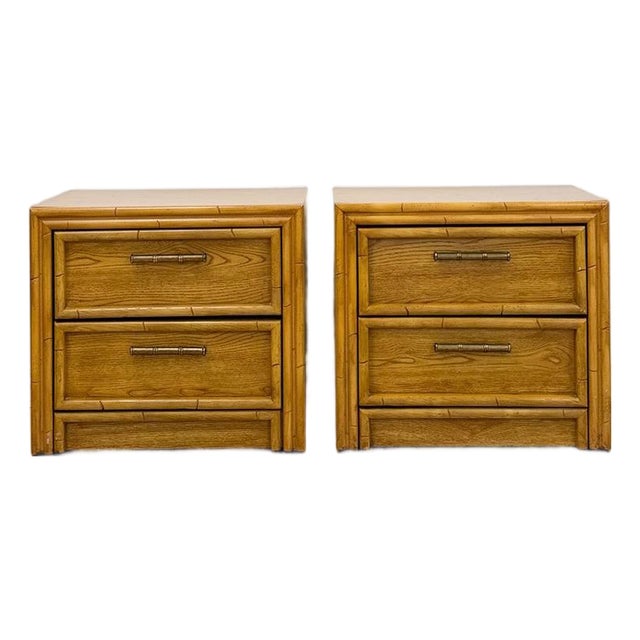 Lea Furniture Faux Bamboo Nightstand Pair Vintage Coastal Hollywood Regency For Sale