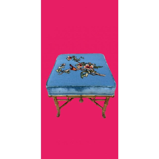 Sky Blue Late 19th Century French Chinoiserie Faux Bamboo Stool with Antique Gilt Finish and Needlepoint Upholstery For Sale - Image 8 of 9