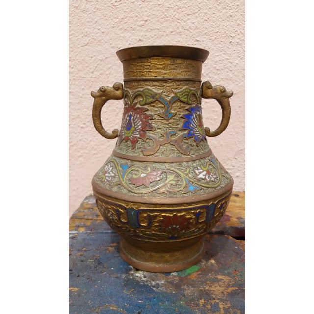 Beautifully detailed vintage Japanese brass vase. inlaid with semi-precious stone - lapiz and carnelian and coated with...