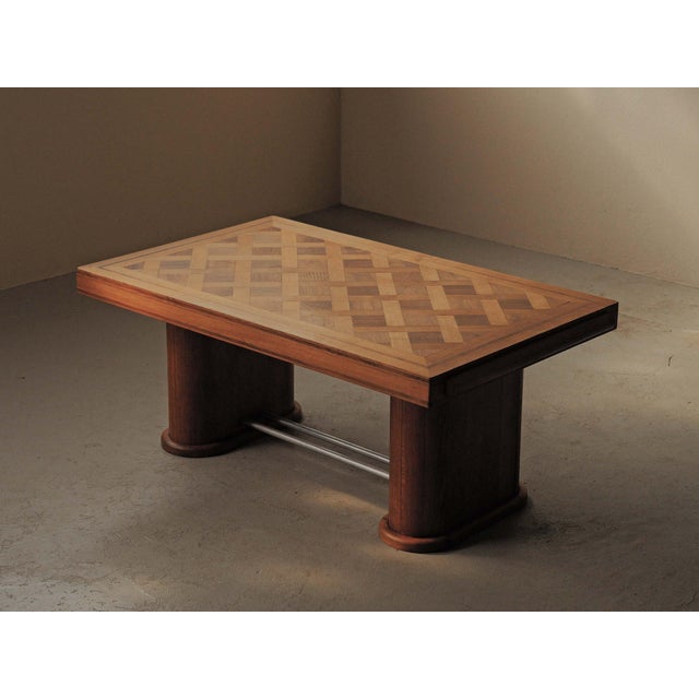 Art Deco Oak and Walnut Marquetry Table, France, 1940 For Sale - Image 13 of 16