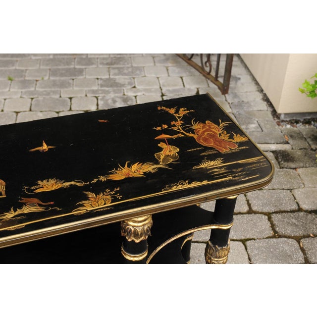 Wood Early 20th Century English Ebonized Three-Tiered Shelf with Chinoiserie Decor and Gilded Accents For Sale - Image 7 of 11