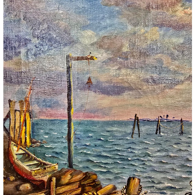 Textile David Burliuk -1950s Fishermen Lifestyle on Sag Harbor -Oil Painting For Sale - Image 7 of 13