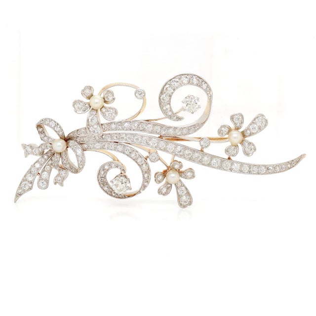 Mid-Century Modern 14k White & Yellow Gold, Diamond, & Pearl Floral Brooch For Sale - Image 4 of 12