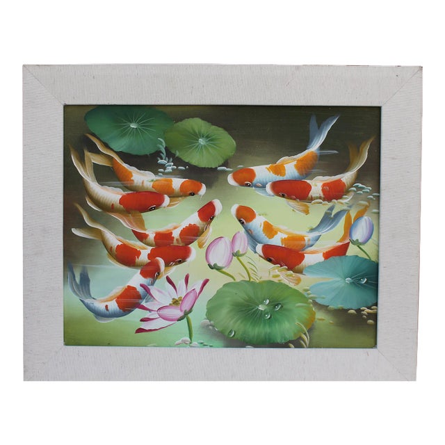 Vintage Colorful Acrylic Hand Painted Koi Fish Framed & Matte Painting For Sale