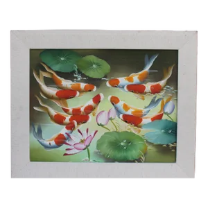 Vintage Colorful Acrylic Hand Painted Koi Fish Framed & Matte Painting