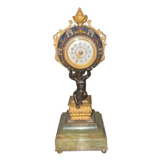 19th Century French Champlevé Enamel Figural Mantel Clock For Sale