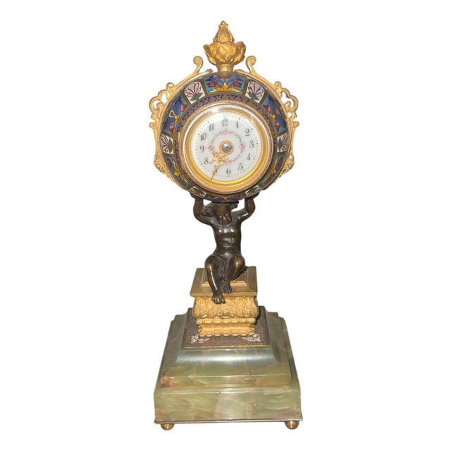 19th Century French Champlevé Enamel Figural Mantel Clock For Sale