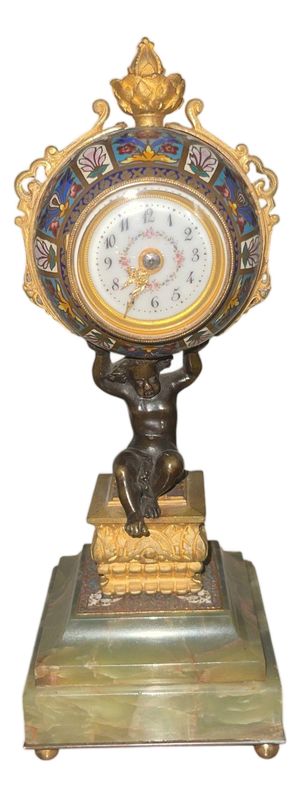 19th Century French Champlevé Enamel Figural Mantel Clock