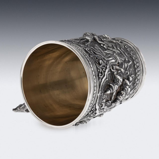 Late 19th Century Antique 19th Century Burmese Silver Repoussé Jataka Tales Mug, 1890 For Sale - Image 5 of 16