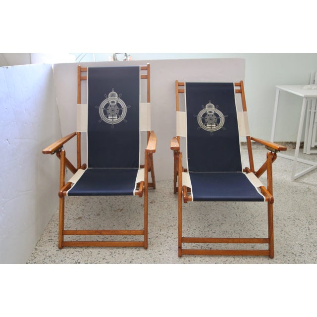 Vintage Ralph Lauren Inspired Deck Chairs Oakwood with Navy Blue and White Upholstery - a Pair - from a Palm Beach estate....