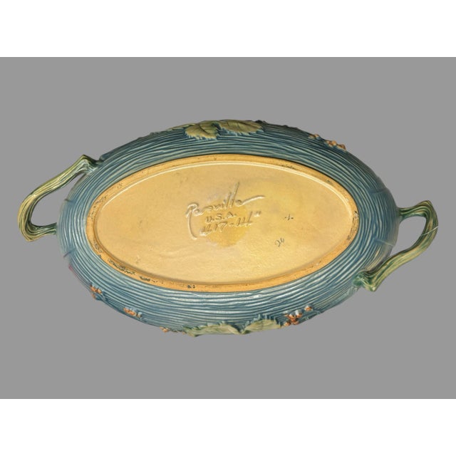 Vintage Roseville Blue Bushberry Handled Console Bowl 417-14 For Sale - Image 6 of 9