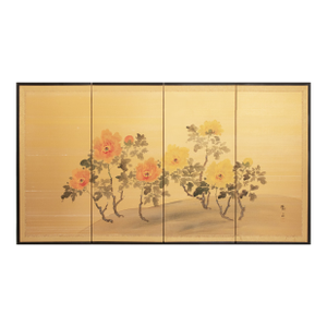 1950-1960s Shōwa Era Japanese Painted Silk Byobu Screen "Peonies"
