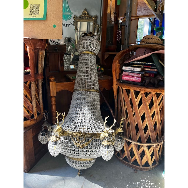 Hollywood Regency Vintage Extra Large Gold and Crystal Deer Head 18-Light Chandelier For Sale - Image 3 of 12