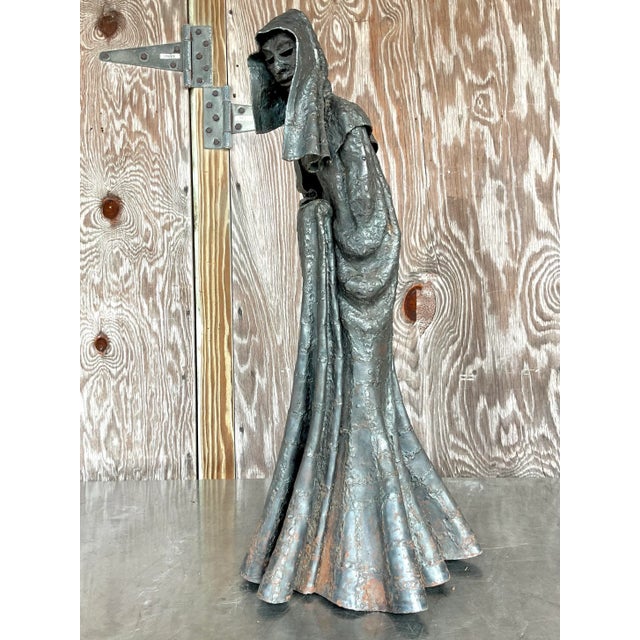 Boho Chic Vintage Brutalist Patinated Steel Cloaked Woman Sculpture For Sale - Image 3 of 15