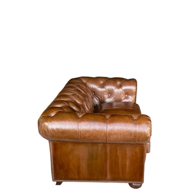 Wood Vintage Chesterfield Tufted Leather Sofa, Fully Restored With Brass Nail Head Trim For Sale - Image 7 of 11