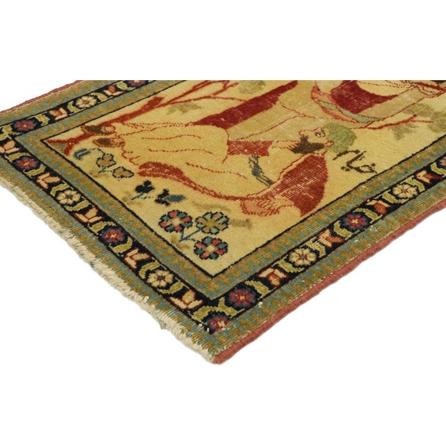 71535 Distressed Antique Persian Tabriz Pictorial Rug Depicts Dervish with Master, Tapestry Wall Hanging. This hand-...