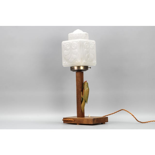 Metal Art Deco Wooden and Frosted Glass Table Lamp with a Woodpecker, 1930s For Sale - Image 7 of 18