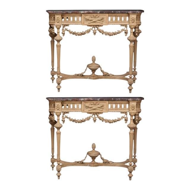 Pair of 19th Century French Louis XIV Style Console Tables With Marble Tops For Sale