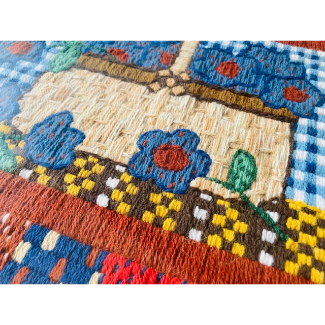 Vintage Farm House Style Handmade Basket with Flowers Costume Framed Needlepoint Wall Art 17"W X 14.5"H , Excellent...