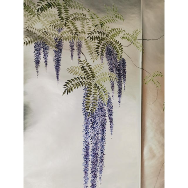 Silver Leaf Chinoiserie Hand‑Painted Wisteria Wall Panels (Set of 1) For Sale - Image 4 of 5
