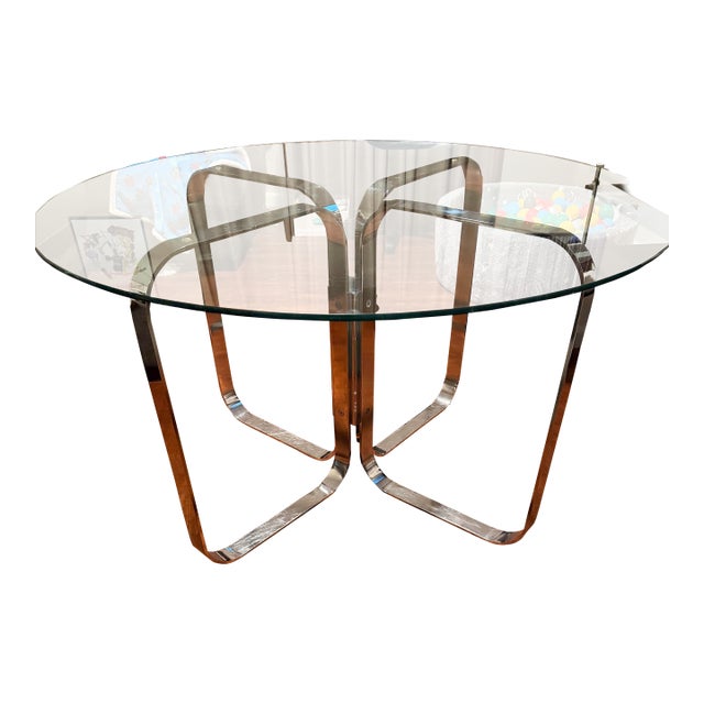 Italy 1970s Mid-Century Modern Glass and Stainless Steel Dining Table - Unsigned Gary Gutterman / Axius Design. For Sale