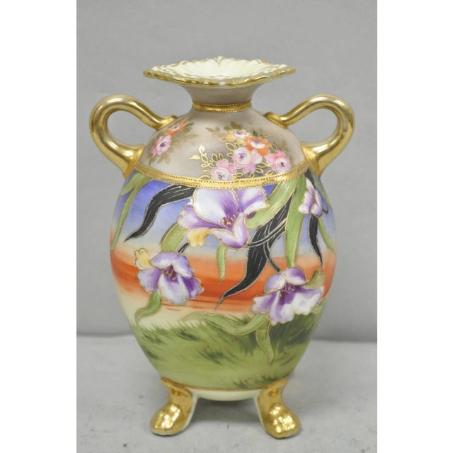 Antique Nippon Moriage Hand Painted Porcelain Purple Iris & Gold Gilt Vase Pair For Sale - Image 4 of 18