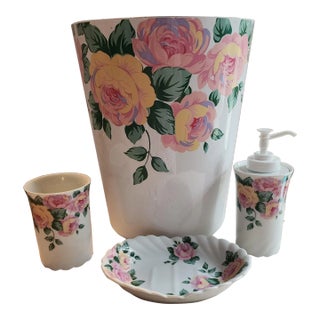 1980s Floral Bathroom Porcelain Soap Dish, Water Dispenser, Liquid Dispenser & Waste Basket - Set of 4 For Sale