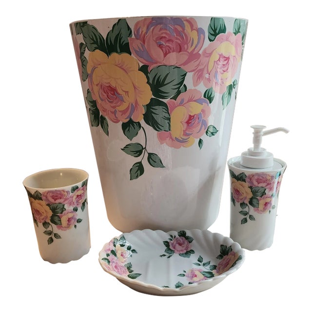 1980s Floral Bathroom Porcelain Soap Dish, Water Dispenser, Liquid Dispenser & Waste Basket - Set of 4 For Sale