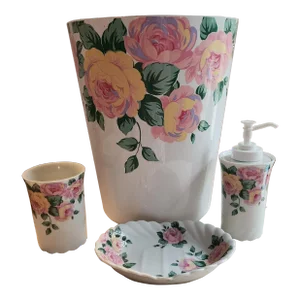 1980s Floral Bathroom Porcelain Soap Dish, Water Dispenser, Liquid Dispenser & Waste Basket - Set of 4