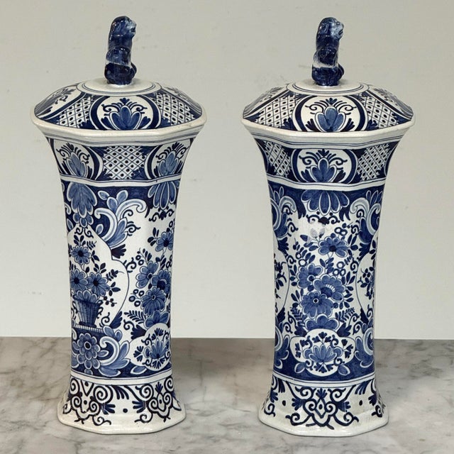 19th Century Boch Hand-Painted Blue & White Delft Garniture Set For Sale - Image 15 of 18