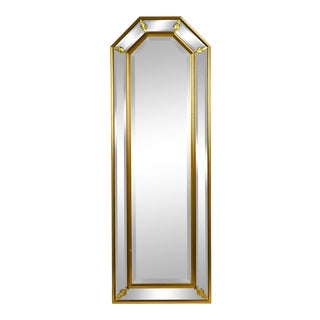 Vintage Italian Gilt Wood Beveled Glass Wall Mirror W Angular Arched Top For Sale